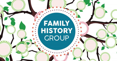 The text Family History Group surrounded by a pattern of dots and illustrated vines and leaves