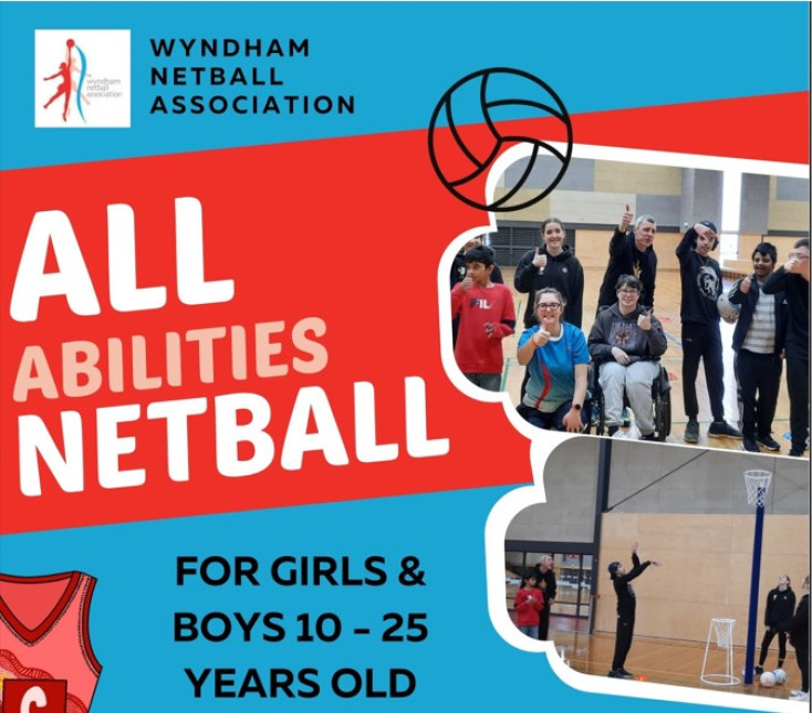 A flyer with the wording 'All Abiities Netball' includes picture of a group people standing with their thumbs up and smiling and throwing a ball at a netball ring