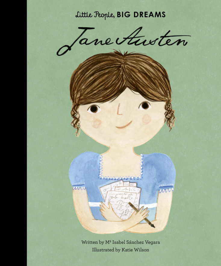 A book cover featuring an illustration of a young Jane Austen holding writing paper and a pen.