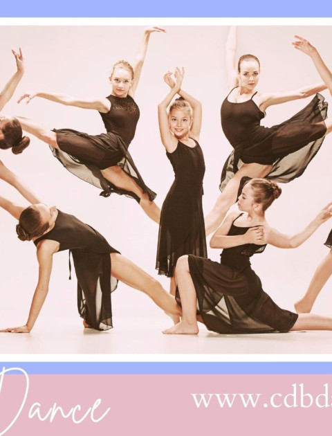 a group of dancers wearing black leotards stand in a variety of dance poses