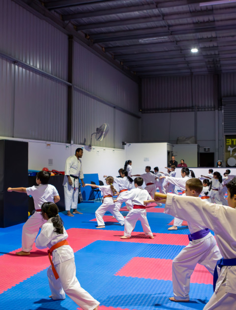 a group of people wearing karate uniforms are facing an instructor