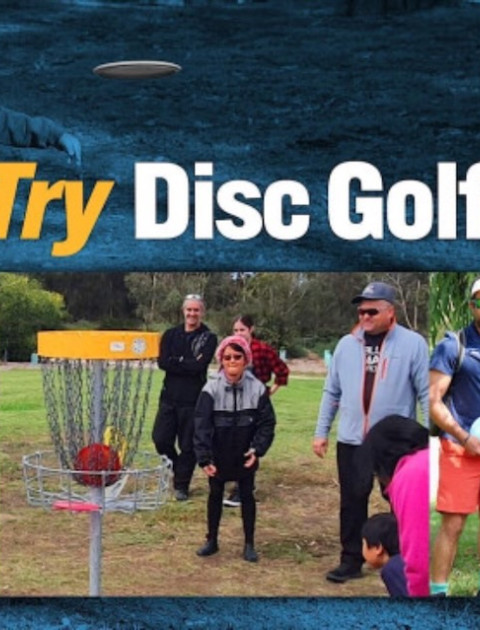 three pictures of kids and adults standing by disc golf baskets