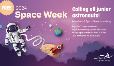 An astronaut bouncing on an orange moon in a purple atmosphere with the text "free 2024 Space Week activities"
