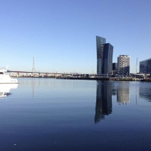 Buildings reflected in water