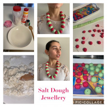 A collage of making salt dough jewellery with first steps and the finished product.