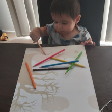 A child works on a drawing of animals
