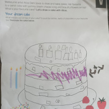NGV's Cake worksheet, filled out by a child