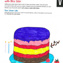 NGV's draw a cake worksheet, filled out by a child
