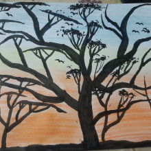 A painting of a sunset with trees