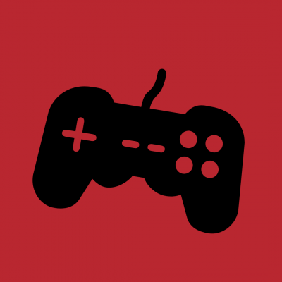 a black video game controller on a red background