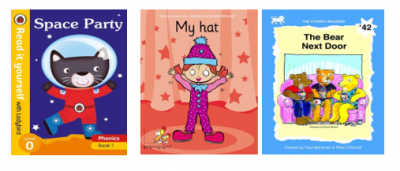 covers of three decodable readers from the library collection