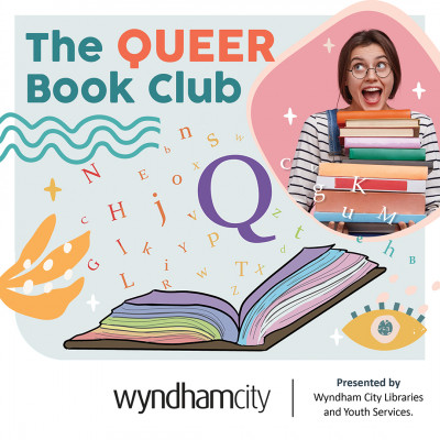collage image with a young person happily holding a pile of books and the text "The Queer Book Club"