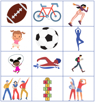 a grid of 3x4 squares with different sport images in them: football, cycling, running, soccer, dance, skipping, swimming, walking, hopscotch, stretching, jumping, aerobics