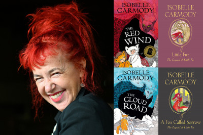 a collage of author Isobelle Carmody, a smiling woman with bright red hair, and some of her book covers