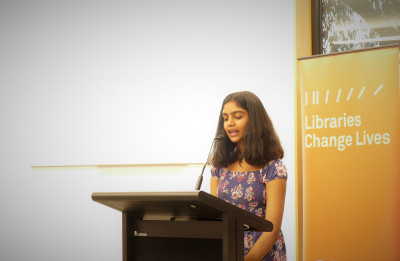 Joann Manoj Jacob reading her entry