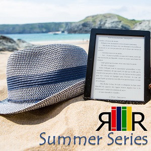 An ebook and a hat on sand at a beach, with the Recently Returned Summer Series logo