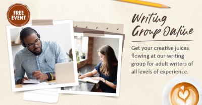A collage image with people writing and the text Free Event and Writing Group Online