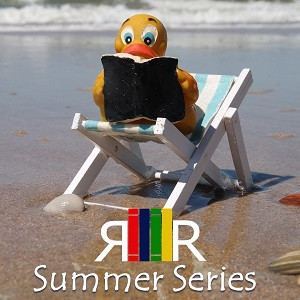 A rubber duck reading a novel at the beach, with the Recently Returned summer series logo
