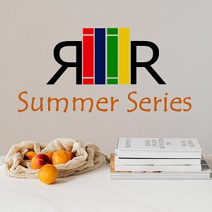 An open bag of peaches and some white covered books, with the Recently Returned summer series logo above