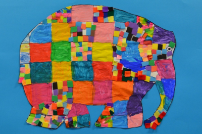 a colourful elephant mosiac made using the instructions in Elephant Mosaic Craft