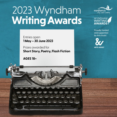 a black typewriter on a blue ground with text "2023 writing awards" and the logos for Wyndham City Council and Arts Assist