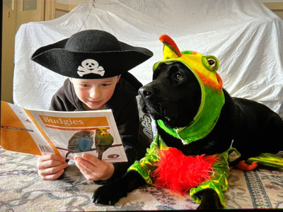 Joshua, in a pirate hat, reading a book called Budgies to a dog dressed up as a parrot