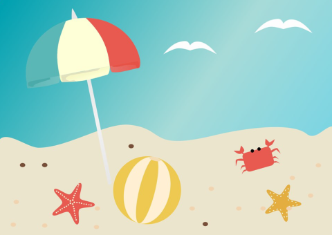A cartoon illustration of a beach