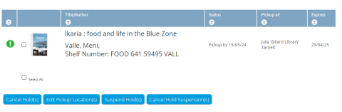 A screen cap of the holds screen in My Account