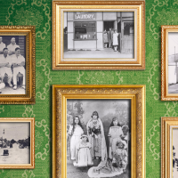 black and white images from the history collection, arranged as though on a green wall with gold frames