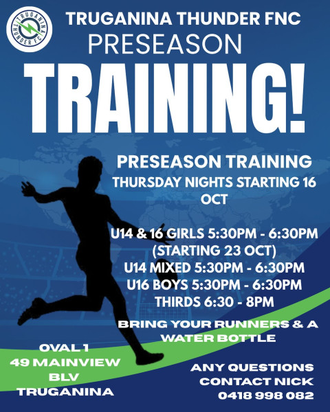 an image with a sihouette of a person kicking a ball and text with Preseason training and the times