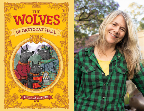 Book cover of Lucinda's book 'The Wolves of Greycoat Hall' next to a photo of Lucinda.
