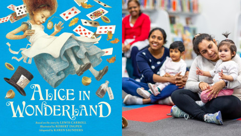 Picture book cover of Alice in Wonderland, next to a photo of families sitting on the floor in the library.