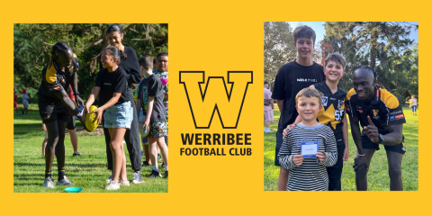 two picture of people in yellow and black sports uniforming smiling with kids