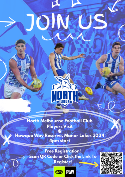 a flyer with Footy players in blue and white shirts