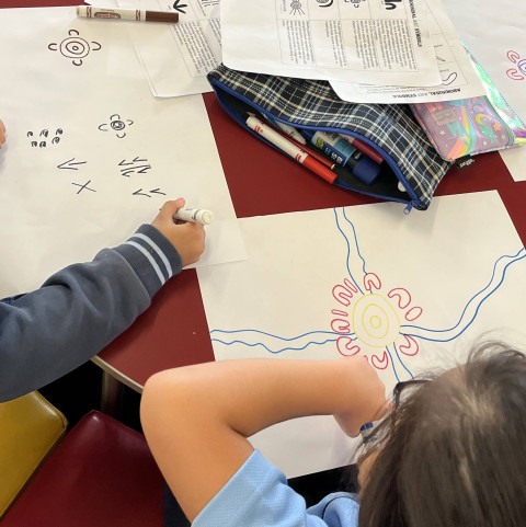 Children drawing aboriginal symbols