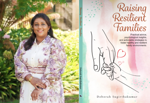 A photo of Author Deborah Sugirthakumar and the book cover for Raising Resilient Families.