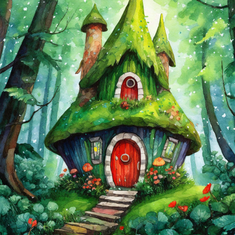 Drawing of a house in a forest