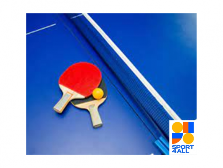 Blue table tennis table and net with a red and black bat resting and a yellow table tennis ball