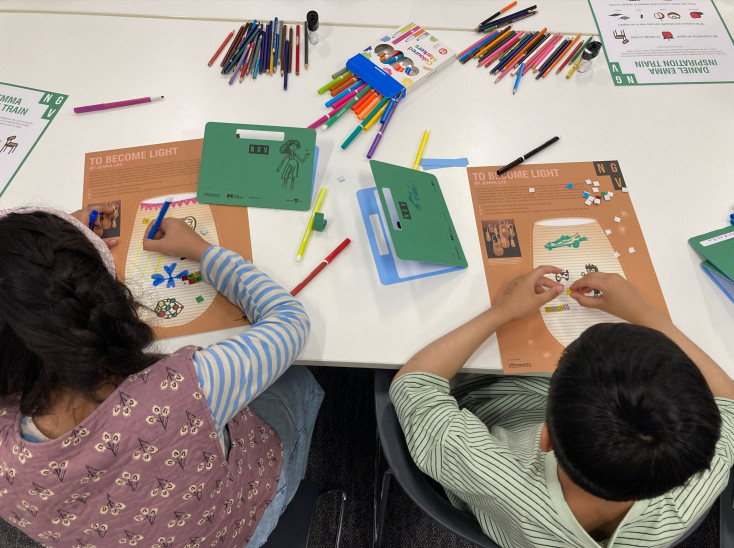 Overhead shot of two children drawing.