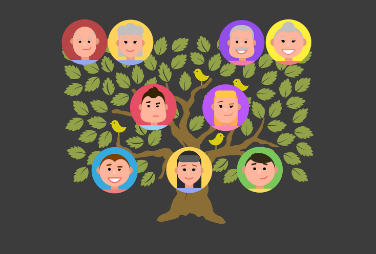 An illustration of a leafy green tree with people's faces arranged around the branches.