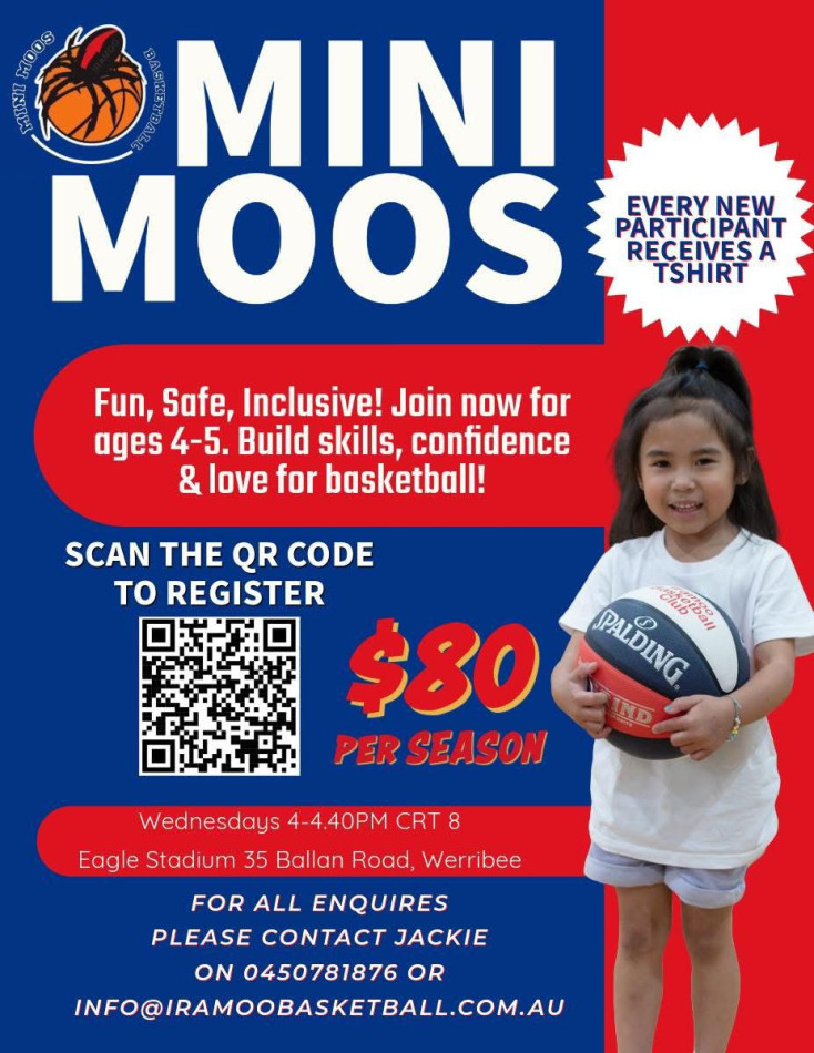 a flyer for Mini Moos with a girl holding a Basketball