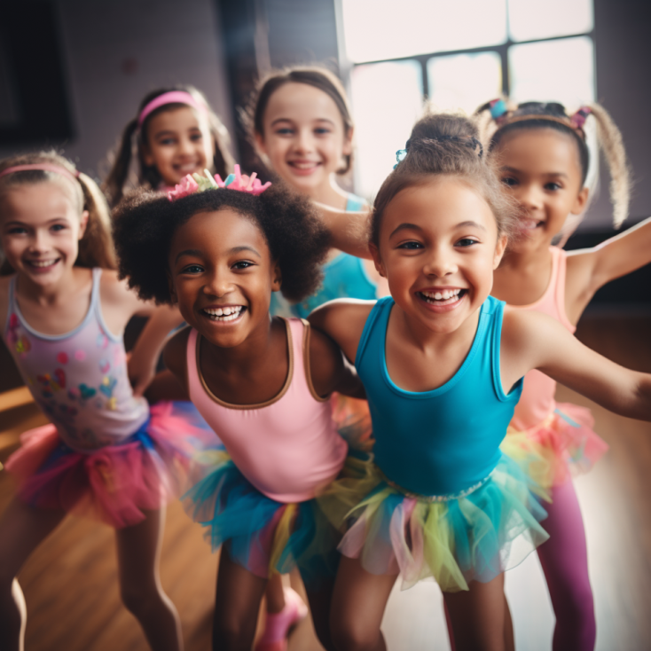 a group of girls in pink and blue leotards are smiling at the camera