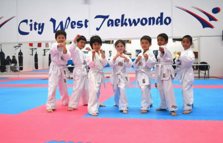 a group of children in martial arts uniforms are in a karate stance facing the camera