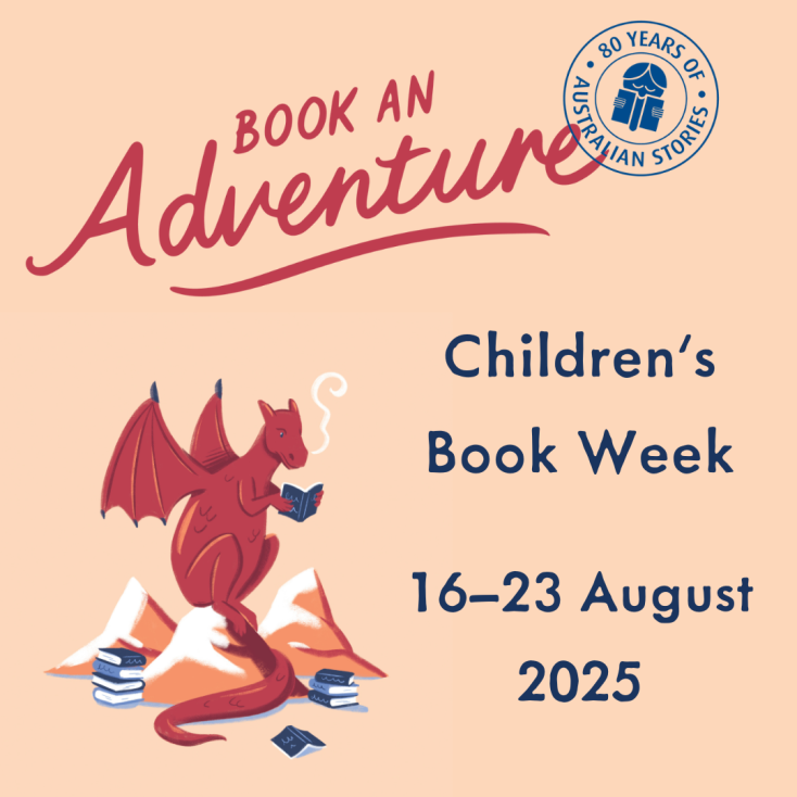 Book Week 2025 logo with the words 'Book an Adventure'. A red dragon sits on a mountain reading from a pile of novels.
