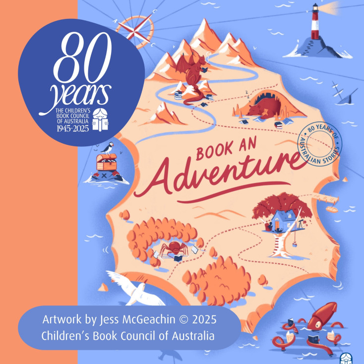 Book Week 2025 logo. An illustrated fantasy map with the words 'Book an Adventure' in the middle.
