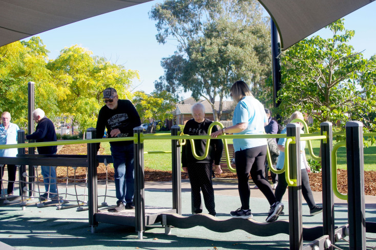 a group of people are exercising on park equipment