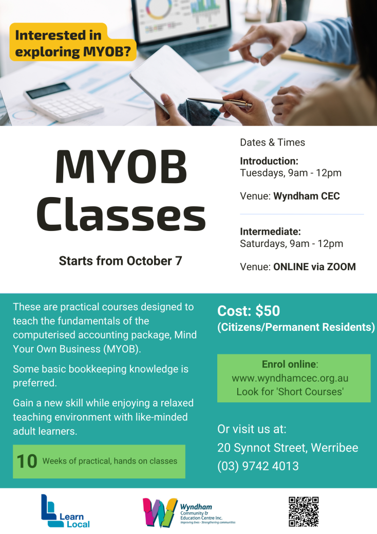Are you looking to understand the basics of MYOB from an experienced trainer? This course is for you!  Runs 1 day a week for 10 weeks. Starting October 7!