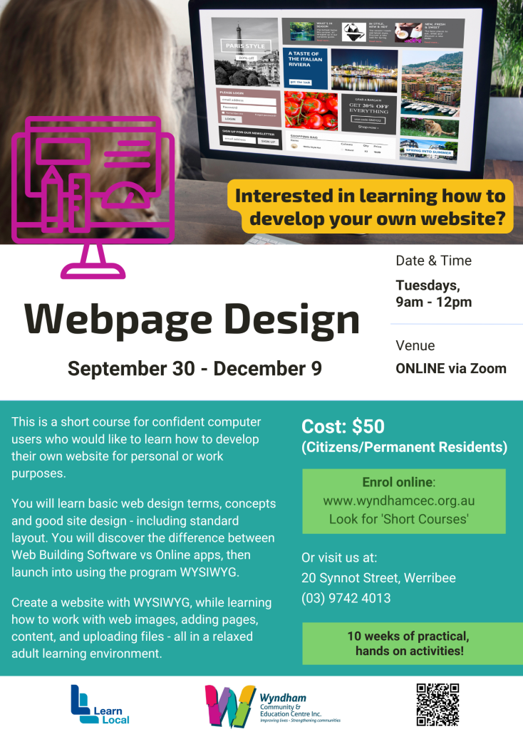Do you want to learn how to make an eye catching and personalised webpage? This course is for you!  Runs 1 day a week for 10 weeks. Starting September 30!