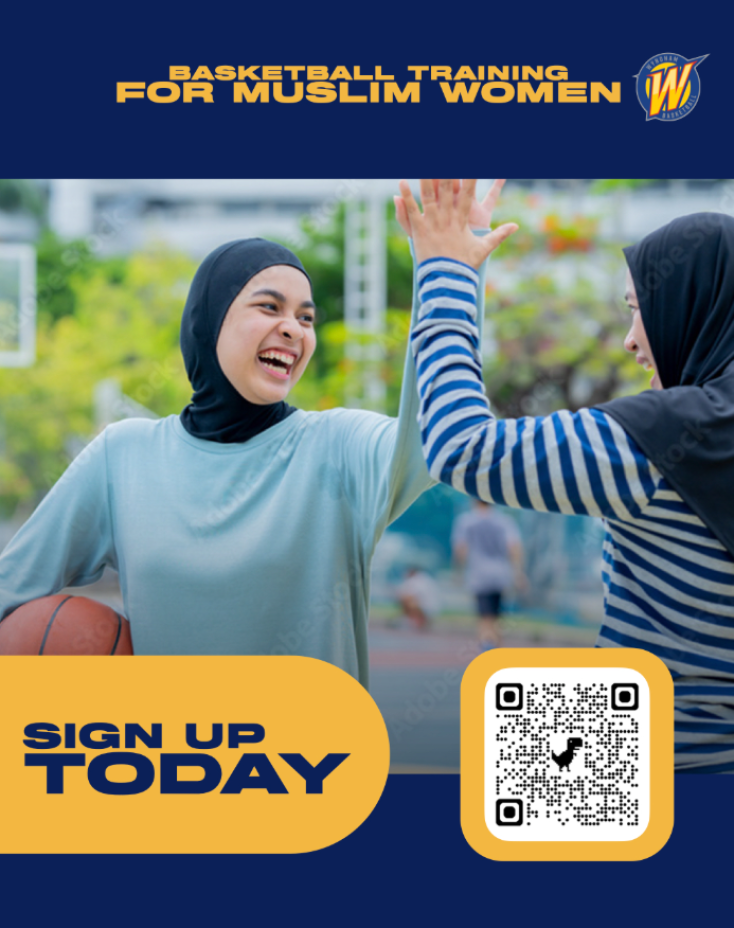 two women wearing hijabs are high fiving each other and holding a basketball