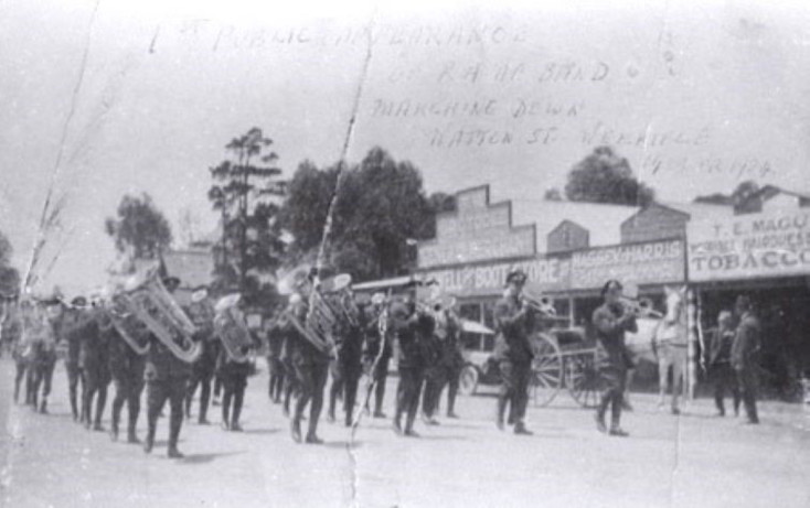 A black and white photograph of the RAAF Band marching down Watton Street, Werribee in 1923.